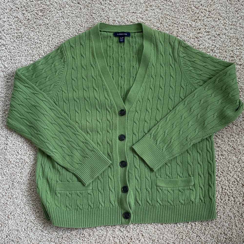 Lands' End Olive Green Cable Knit Cardigan
